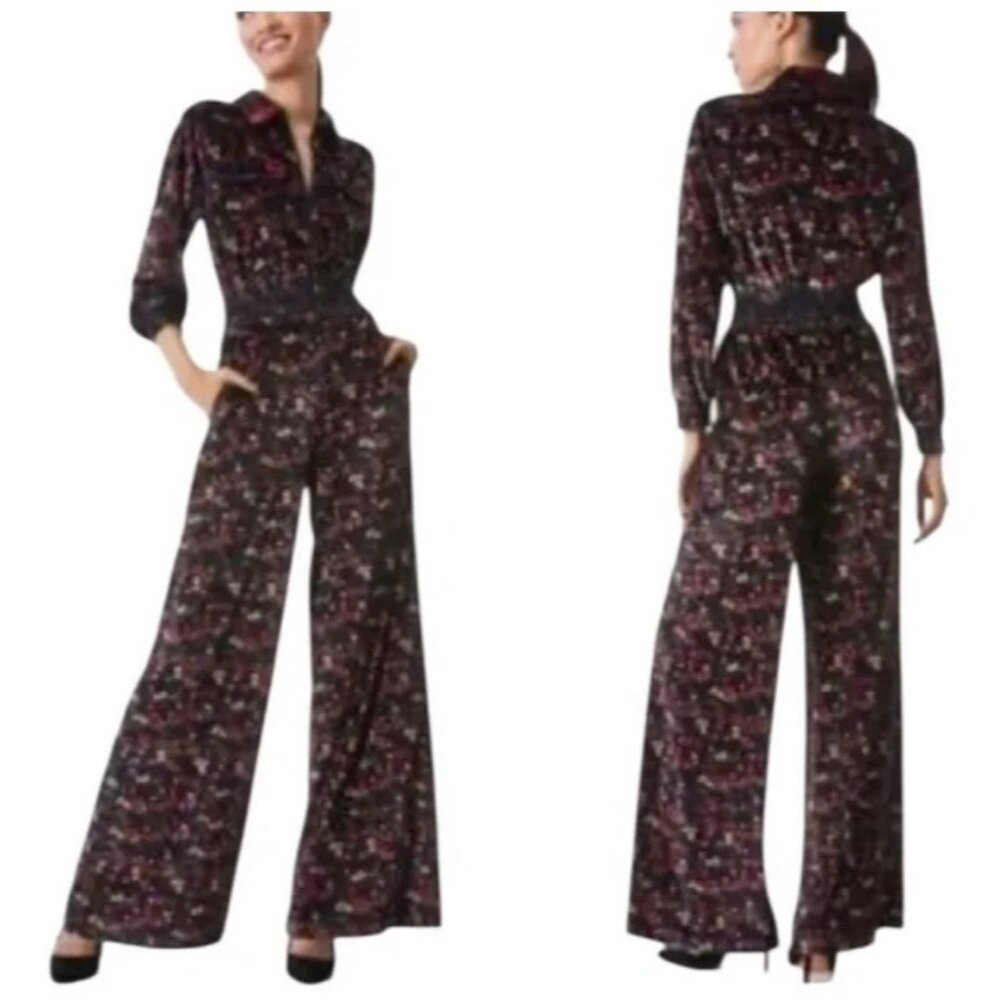 Alice + Olivia Danae ditzy floral print Smocked velvet jumpsuit Wideleg Size 4